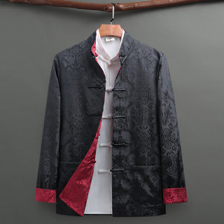 Buddha Gift 2Pcs Men's Tang Suit Koi Fish Pattern Frog-Button Long Sleeve Shirt Pants Set