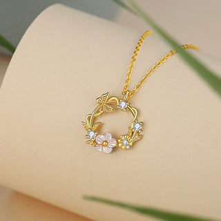 Buddha Gift 925 Sterling Silver Cubic Zirconia Shell Butterfly Peach Blossom Blessing Necklace Pendant