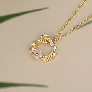 Buddha Gift 925 Sterling Silver Cubic Zirconia Shell Butterfly Peach Blossom Blessing Necklace Pendant