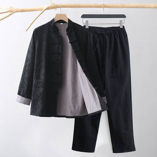 Buddha Gift 2Pcs Men's Tang Suit Jacquard Vine Pattern Frog-Button Cotton Long Sleeve Shirt Pants Set