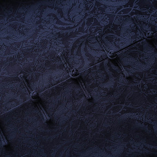 Buddha Gift 2Pcs Men's Tang Suit Jacquard Vine Pattern Frog-Button Cotton Long Sleeve Shirt Pants Set