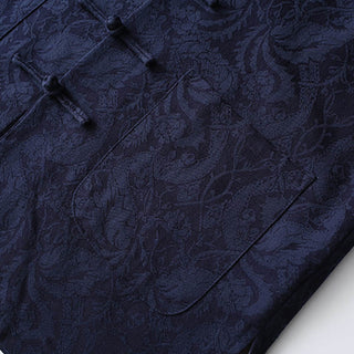 Buddha Gift 2Pcs Men's Tang Suit Jacquard Vine Pattern Frog-Button Cotton Long Sleeve Shirt Pants Set