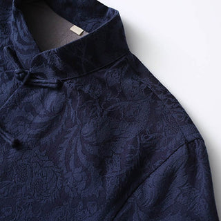 Buddha Gift 2Pcs Men's Tang Suit Jacquard Vine Pattern Frog-Button Cotton Long Sleeve Shirt Pants Set