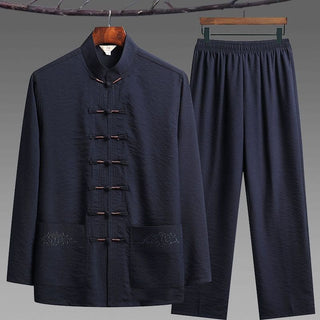 Buddha Gift 2Pcs Plain Tang Suit Men's Frog-Button Long Sleeve Shirt Pants Set