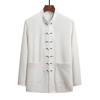 Buddha Gift 2Pcs Plain Tang Suit Men's Frog-Button Long Sleeve Shirt Pants Set