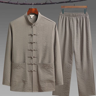 Buddha Gift 2Pcs Plain Tang Suit Men's Frog-Button Long Sleeve Shirt Pants Set