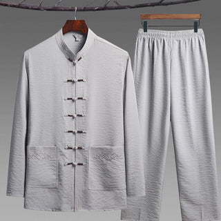 Buddha Gift 2Pcs Plain Tang Suit Men's Frog-Button Long Sleeve Shirt Pants Set