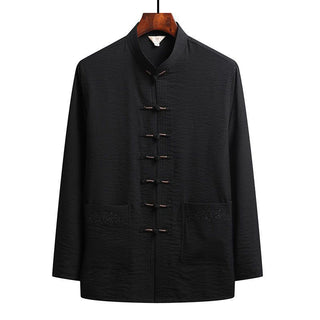 Buddha Gift 2Pcs Plain Tang Suit Men's Frog-Button Long Sleeve Shirt Pants Set