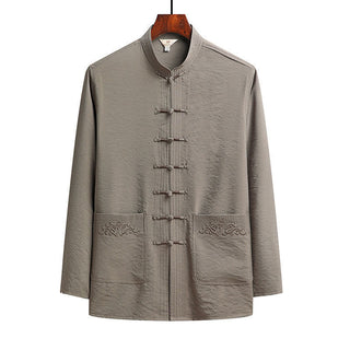 Buddha Gift 2Pcs Plain Tang Suit Men's Frog-Button Long Sleeve Shirt Pants Set