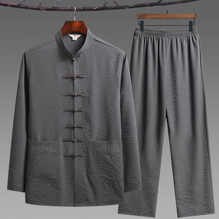 Buddha Gift 2Pcs Plain Tang Suit Men's Frog-Button Long Sleeve Shirt Pants Set