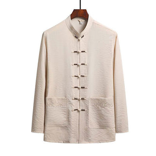 Buddha Gift 2Pcs Plain Tang Suit Men's Frog-Button Long Sleeve Shirt Pants Set