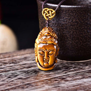 Buddha Gift Tiger Eye Kwan Yin Avalokitesvara Head String Strength Necklace Pendant