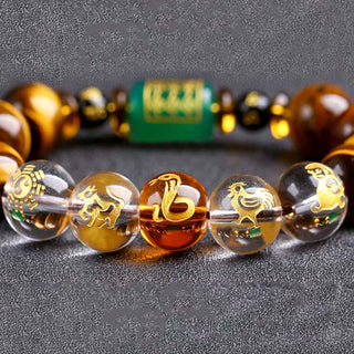 Buddha Gift Chinese Zodiac Tiger Eye White Crystal Courage Bracelet