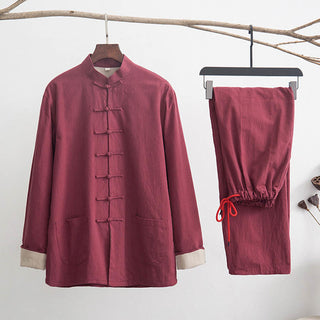 Buddha Gift 2Pcs Zen Tang Suit Men's Linen Frog-Button Long Sleeve Shirt Pants Set