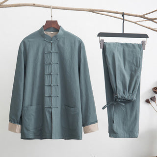 Buddha Gift 2Pcs Zen Tang Suit Men's Linen Frog-Button Long Sleeve Shirt Pants Set