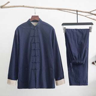 Buddha Gift 2Pcs Zen Tang Suit Men's Linen Frog-Button Long Sleeve Shirt Pants Set