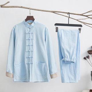 Buddha Gift 2Pcs Zen Tang Suit Men's Linen Frog-Button Long Sleeve Shirt Pants Set