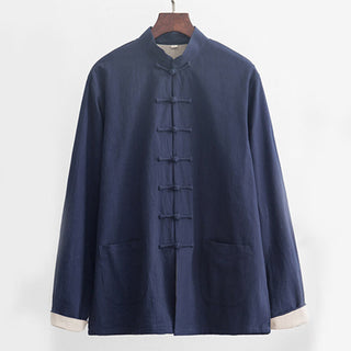 Buddha Gift 2Pcs Zen Tang Suit Men's Linen Frog-Button Long Sleeve Shirt Pants Set