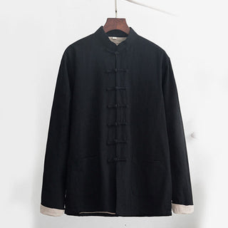 Buddha Gift 2Pcs Zen Tang Suit Men's Linen Frog-Button Long Sleeve Shirt Pants Set