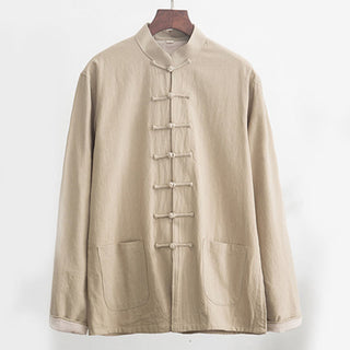 Buddha Gift 2Pcs Zen Tang Suit Men's Linen Frog-Button Long Sleeve Shirt Pants Set