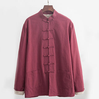 Buddha Gift 2Pcs Zen Tang Suit Men's Linen Frog-Button Long Sleeve Shirt Pants Set