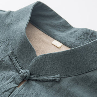 Buddha Gift 2Pcs Zen Tang Suit Men's Linen Frog-Button Long Sleeve Shirt Pants Set