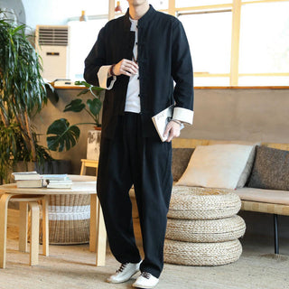 Buddha Gift 2Pcs Zen Tang Suit Men's Frog-Button Long Sleeve Shirt Pants Set With Pockets