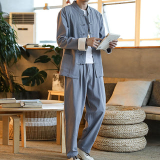 Buddha Gift 2Pcs Zen Tang Suit Men's Frog-Button Long Sleeve Shirt Pants Set With Pockets