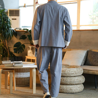 Buddha Gift 2Pcs Zen Tang Suit Men's Frog-Button Long Sleeve Shirt Pants Set With Pockets