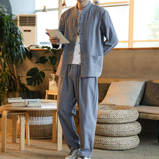 Buddha Gift 2Pcs Zen Tang Suit Men's Frog-Button Long Sleeve Shirt Pants Set With Pockets