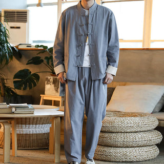Buddha Gift 2Pcs Zen Tang Suit Men's Frog-Button Long Sleeve Shirt Pants Set With Pockets