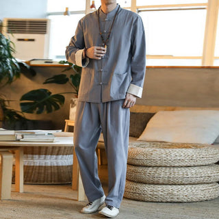 Buddha Gift 2Pcs Zen Tang Suit Men's Frog-Button Long Sleeve Shirt Pants Set With Pockets