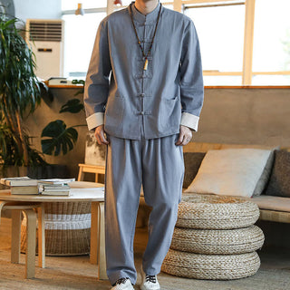 Buddha Gift 2Pcs Zen Tang Suit Men's Frog-Button Long Sleeve Shirt Pants Set With Pockets