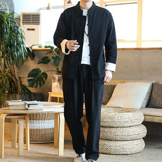 Buddha Gift 2Pcs Zen Tang Suit Men's Frog-Button Long Sleeve Shirt Pants Set With Pockets