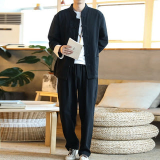 Buddha Gift 2Pcs Zen Tang Suit Men's Frog-Button Long Sleeve Shirt Pants Set With Pockets