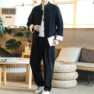 Buddha Gift 2Pcs Zen Tang Suit Men's Frog-Button Long Sleeve Shirt Pants Set With Pockets