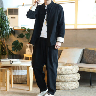 Buddha Gift 2Pcs Zen Tang Suit Men's Frog-Button Long Sleeve Shirt Pants Set With Pockets