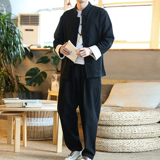 Buddha Gift 2Pcs Zen Tang Suit Men's Frog-Button Long Sleeve Shirt Pants Set With Pockets