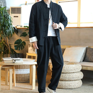 Buddha Gift 2Pcs Zen Tang Suit Men's Frog-Button Long Sleeve Shirt Pants Set With Pockets