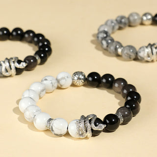 Buddha Gift Natural Silver Sheen Obsidian White Turquoise Grey Jasper Snowflake Obsidian Year Of The Snake Protection Bracelet