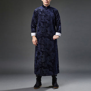 Buddha Gift Vintage Fall Winter Chinese Frog-Button Tang Suit Men's Dragon Jacquard Robe With Pockets
