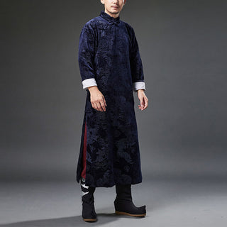 Buddha Gift Vintage Fall Winter Chinese Frog-Button Tang Suit Men's Dragon Jacquard Robe With Pockets
