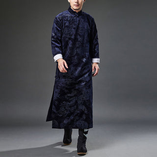 Buddha Gift Vintage Fall Winter Chinese Frog-Button Tang Suit Men's Dragon Jacquard Robe With Pockets