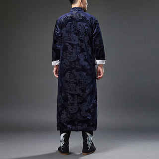 Buddha Gift Vintage Fall Winter Chinese Frog-Button Tang Suit Men's Dragon Jacquard Robe With Pockets