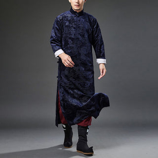 Buddha Gift Vintage Fall Winter Chinese Frog-Button Tang Suit Men's Dragon Jacquard Robe With Pockets