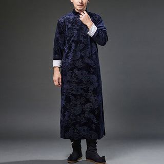 Buddha Gift Vintage Fall Winter Chinese Frog-Button Tang Suit Men's Dragon Jacquard Robe With Pockets