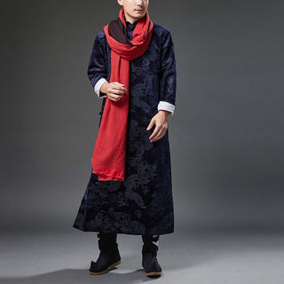 Buddha Gift Vintage Fall Winter Chinese Frog-Button Tang Suit Men's Dragon Jacquard Robe With Pockets