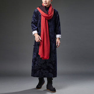 Buddha Gift Vintage Fall Winter Chinese Frog-Button Tang Suit Men's Dragon Jacquard Robe With Pockets