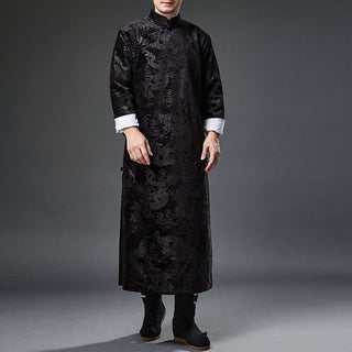 Buddha Gift Vintage Fall Winter Chinese Frog-Button Tang Suit Men's Dragon Jacquard Robe With Pockets