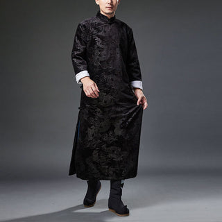 Buddha Gift Vintage Fall Winter Chinese Frog-Button Tang Suit Men's Dragon Jacquard Robe With Pockets